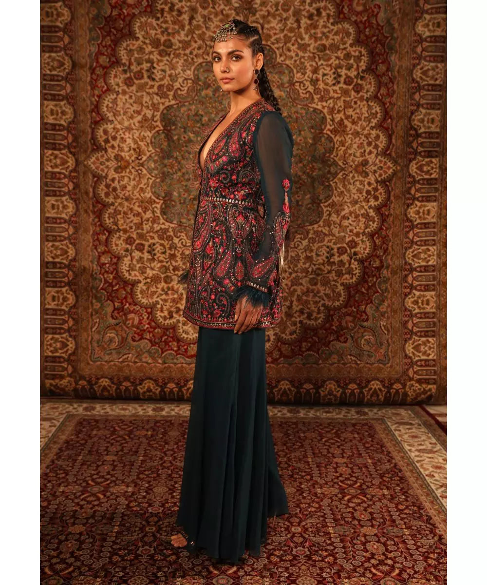 ADITI GUPTA - Teal Jamawaar Kurta Sharara Set